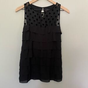 Loft Small Black Tank Top Sheer Polka Dots & Ruffles Sleeveless Blouse